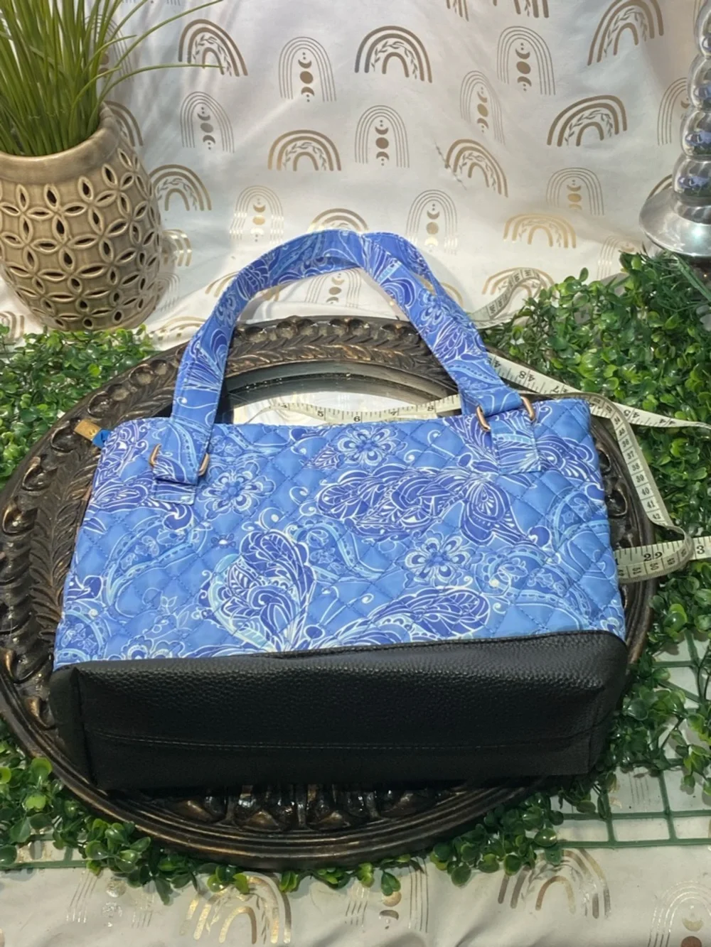 Quilted Blue Floral Tote Bag with Black Base